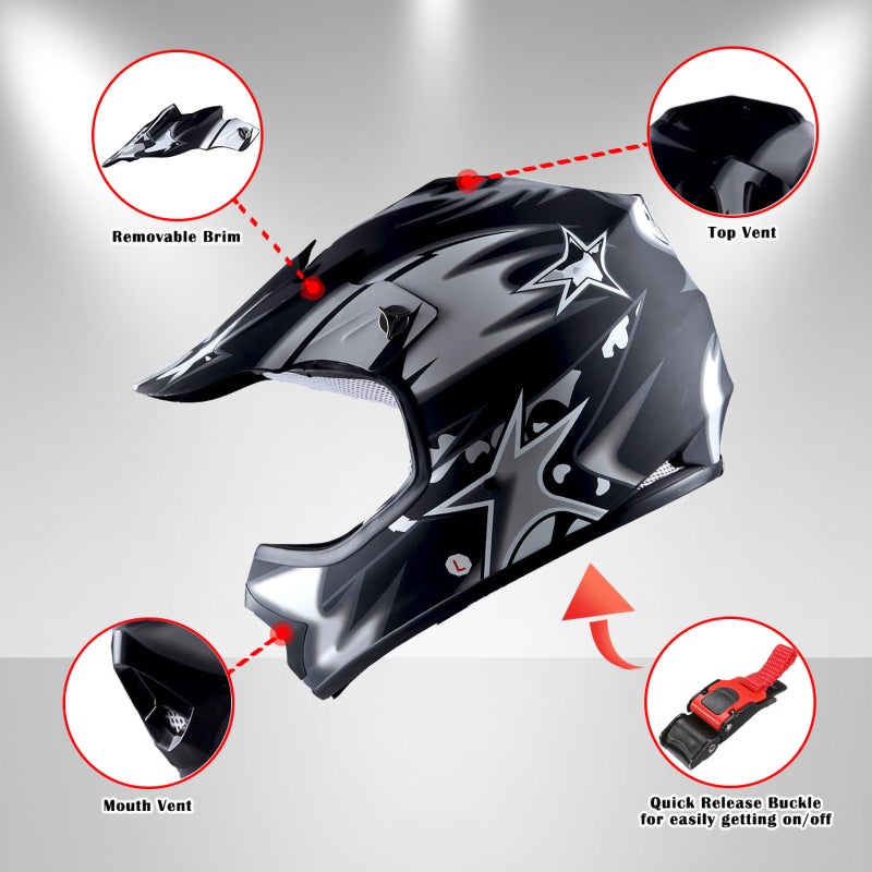 WOW Youth Kids Motocross BMX MX ATV Dirt Bike Helmet Star Matt Black - Image 3